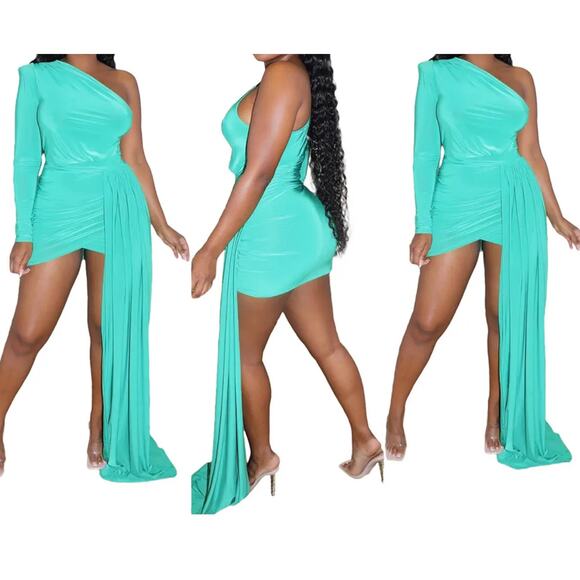 Aqua color One Shoulder Mini Dress With Floor-length Train Medium - Picture 1 of 6